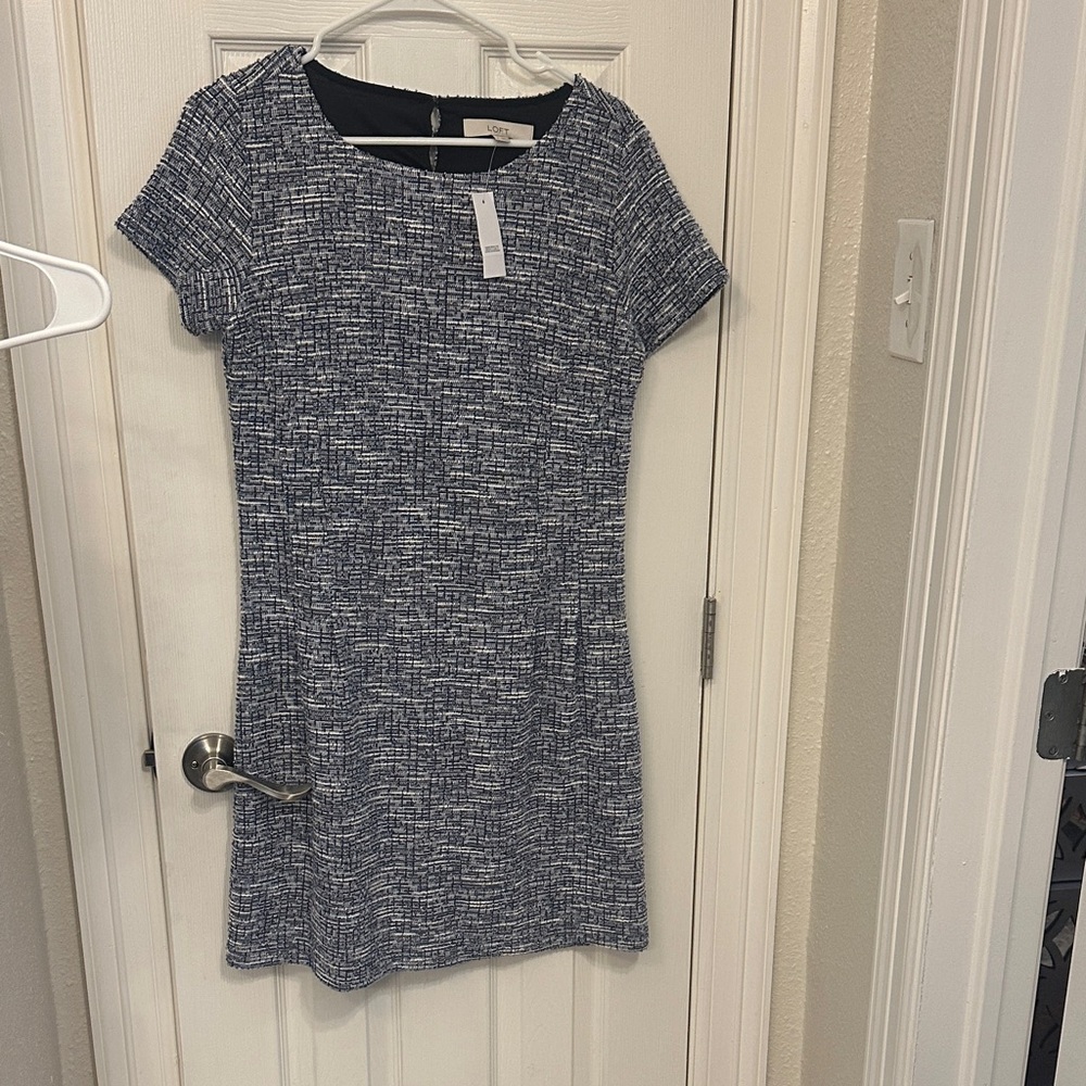 LOFT Navy Tweed Navy and White Short Sleeve Shift Dress size 6